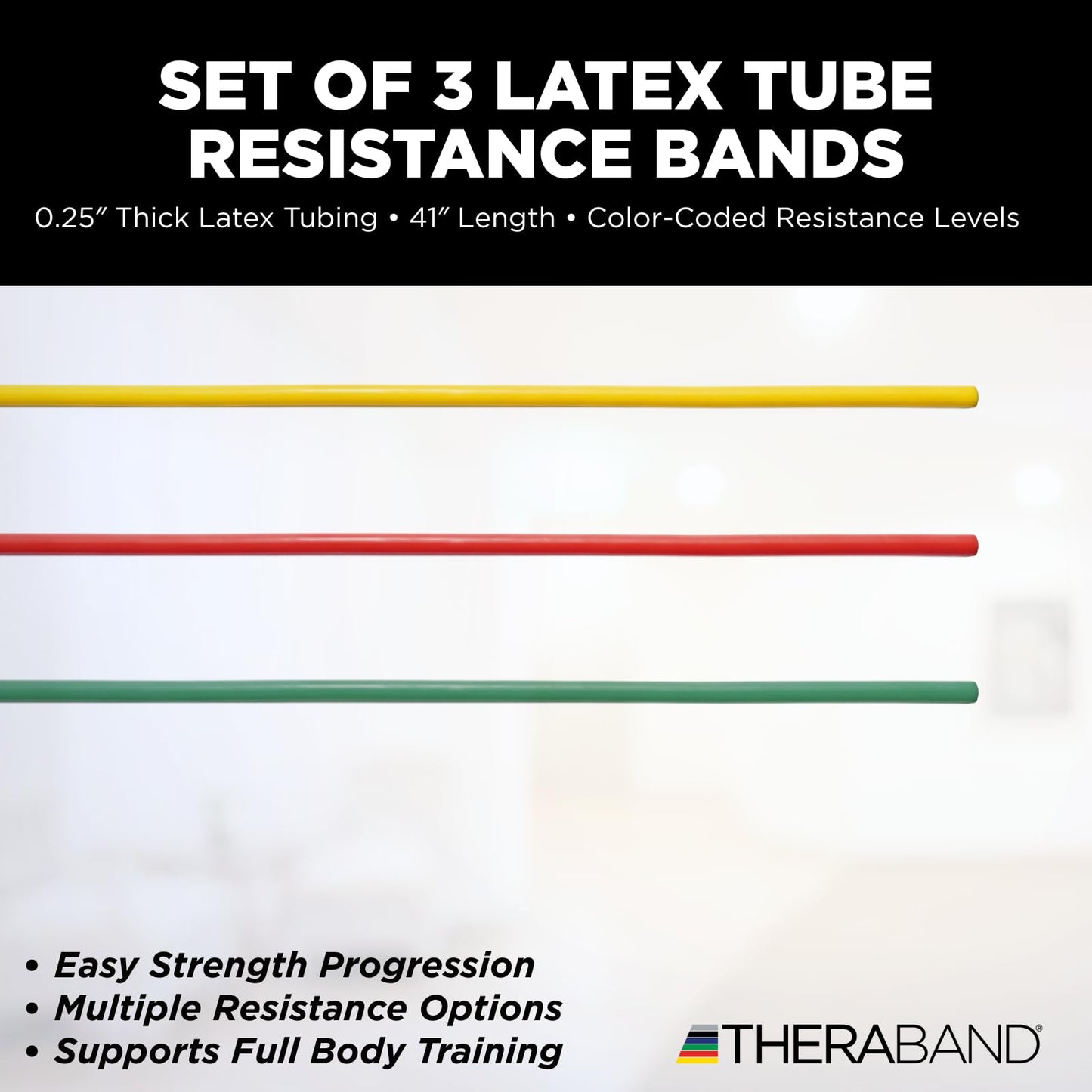 THERABAND Resistance Tubes, Begginer Set, Yellow, Red, and Green, 5 ft Latex Tubing, Home or Clinic Use, Cut-to-Fit, Color-Coded Resistance Bands for Upper & Lower Body Workouts