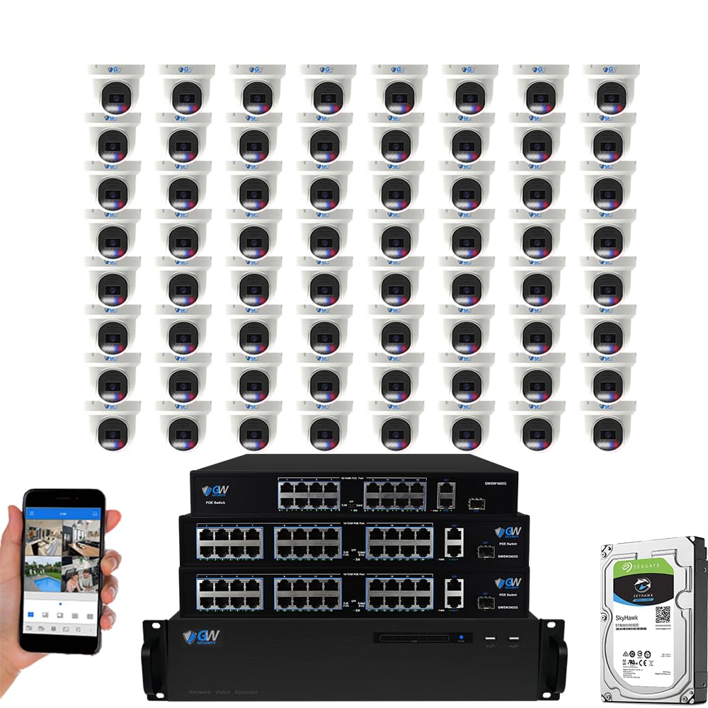 GW Security 64 Channel 12MP NVR UltraHD License Plate/Face Recognition NDAA & TAA Compliant Security Camera System with 64 x 5MP Outdoor & Indoor Color Night Vision Two-Way Audio PoE Turret Cameras