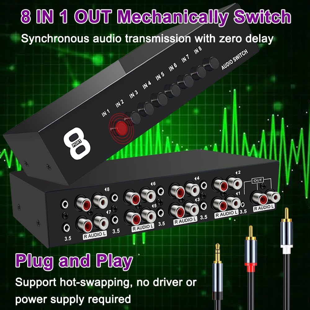 FlyroadUp 3.5mm 8 1 Aux + RCA L/R Bi-Directional Stereo Audio Switch in Out A/B Analog Audio Switcher Selector