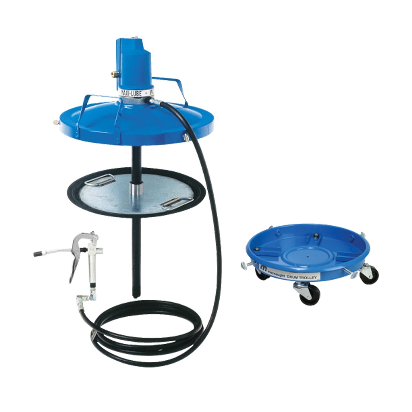 Macnaught Legendary P6TR 50:1 Air-Operated Greasing Pump for 120 lb. Drum. Includes Booster Gun, Hose and Trolley, Low Air Consumption (3CFM)