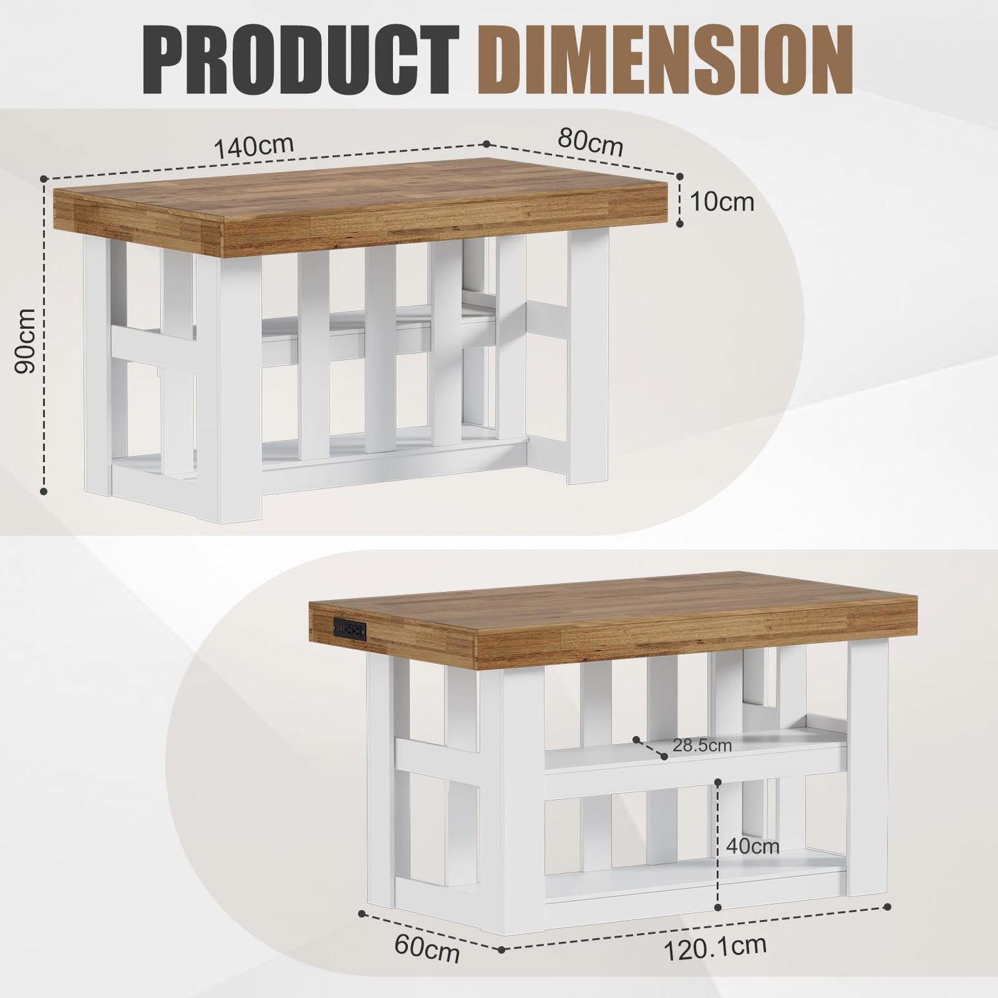PAKASEPT 55" Kitchen Island with Storage, 3-Tier Farmhouse Wood Island Table with Power Outlets,Shelves for Kitchen, Dining Table for 4,Dining Room,Living Room,Home Bar,White