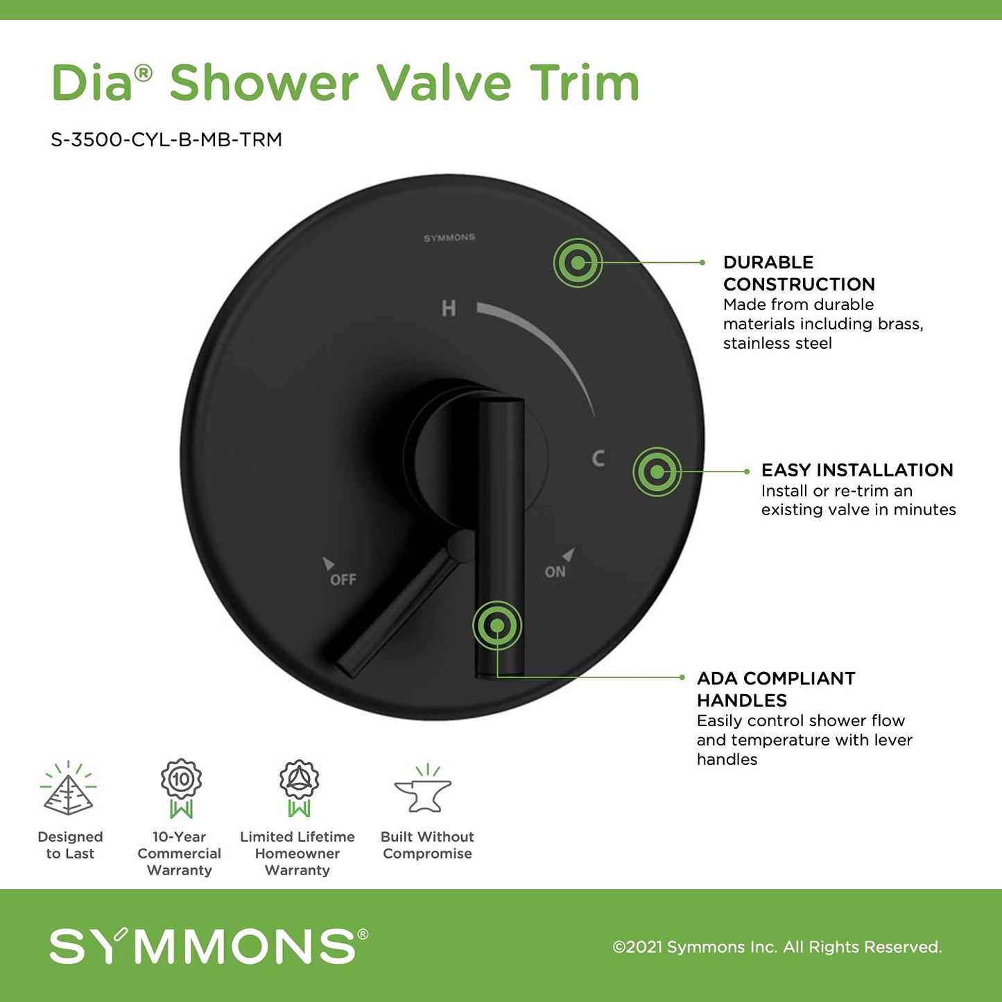 Symmons S-3500-CYL-B-MB-TRM Dia Shower Valve Trim in Matte Black (Valve Not Included)