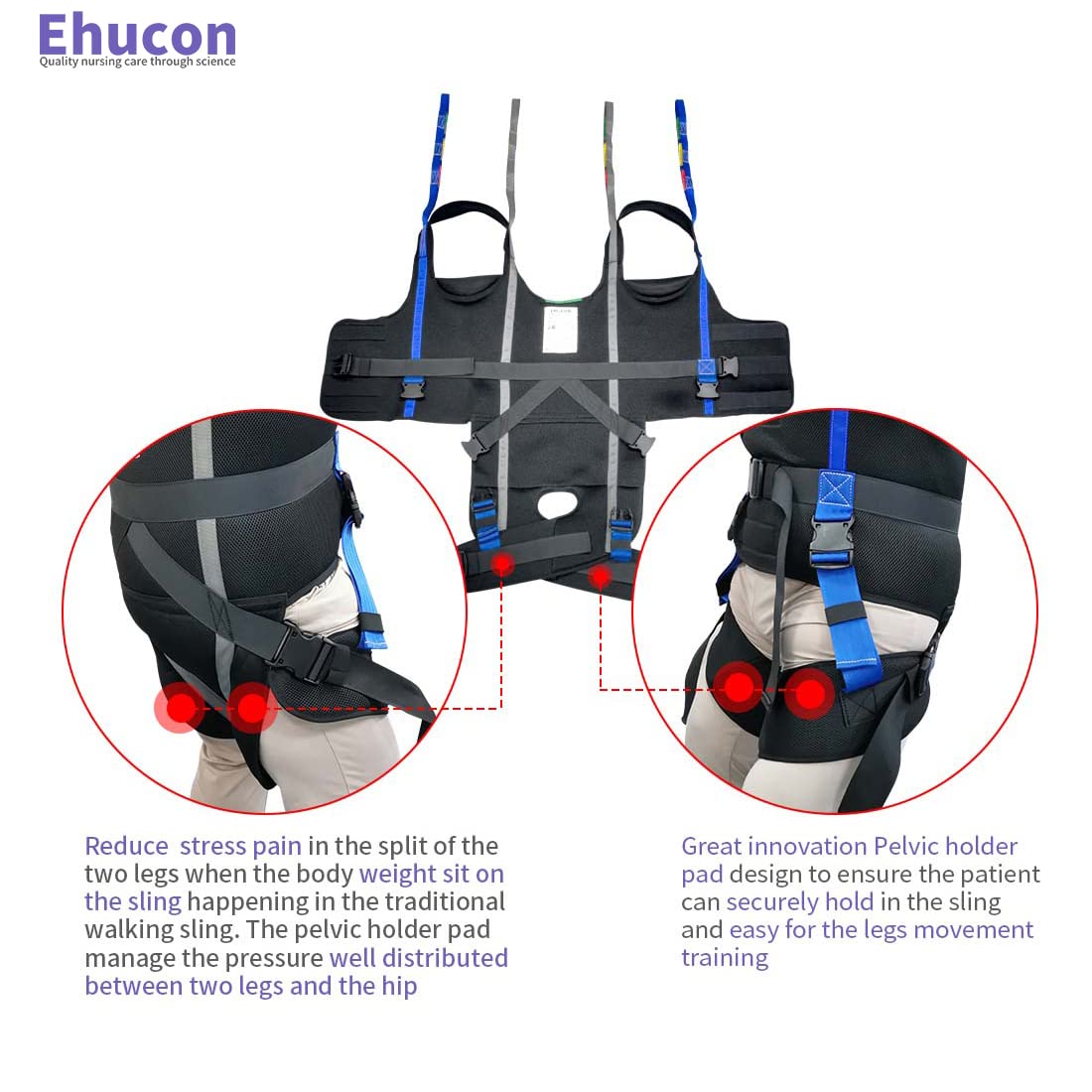 Ehucon Patient Lift Walking Sling, Pelvic Padded 500lbs Safety Loading Weight,Medical Hoist Standing Aids for Ambulating Support Training (Small)