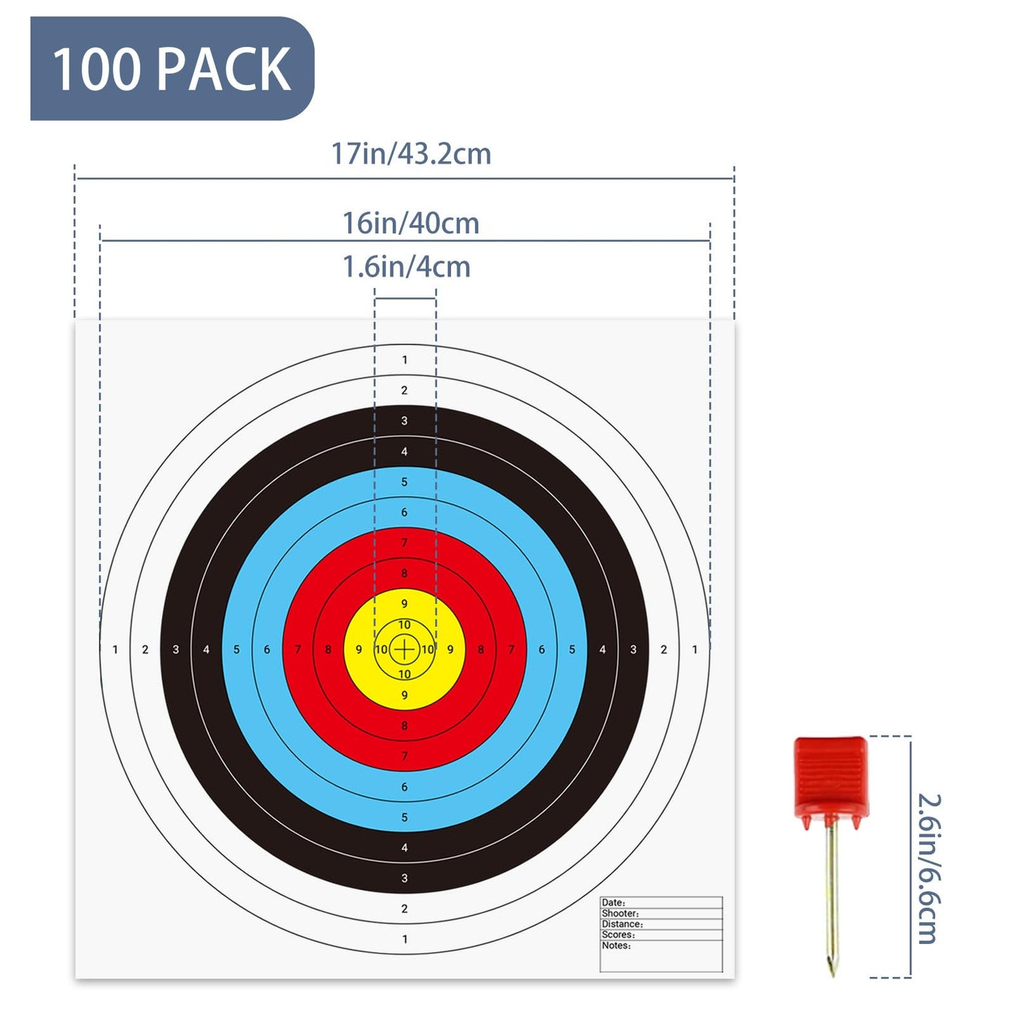 suituts 100 Pcs Bullseye Paper Shooting Targets with 4 Pcs Archery Target Pins, Archery Targets Paper 16x16 Inch 10 Ring Bow and Arrow Targets for Indoor or Outdoor Range
