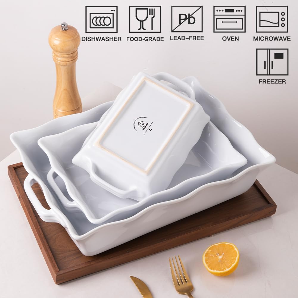 Sweejar Casserole Dishes - Ceramic Bakeware Set of 3 with Handles | Rectangular Wave Edge Lasagna Pan (White)