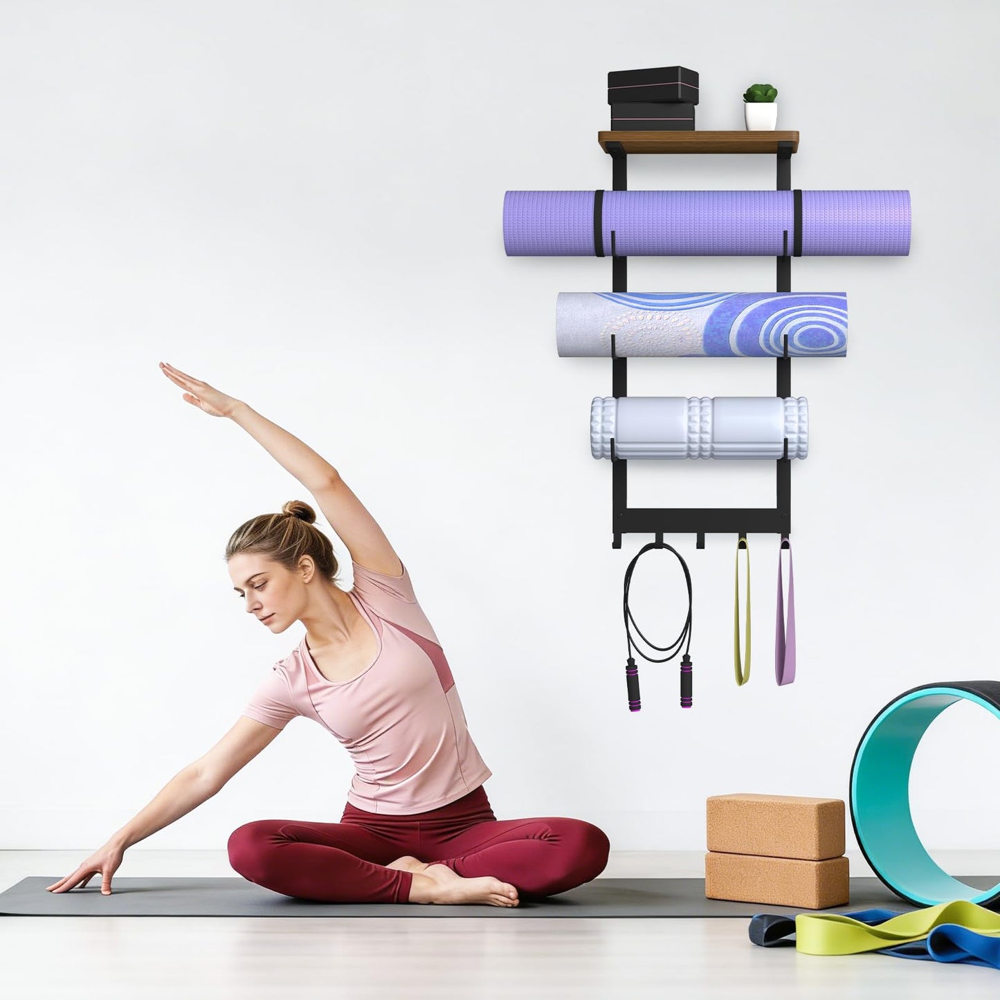 BSTSLL Yoga Mat Holder Wall Mount, Yoga Mats Storage Rack, Home Gym Wall Organizer Holder with Wood Floating Shelf and 5 Hooks, Storage Rack for Hanging Foam Roller/Band/Workout Equipment