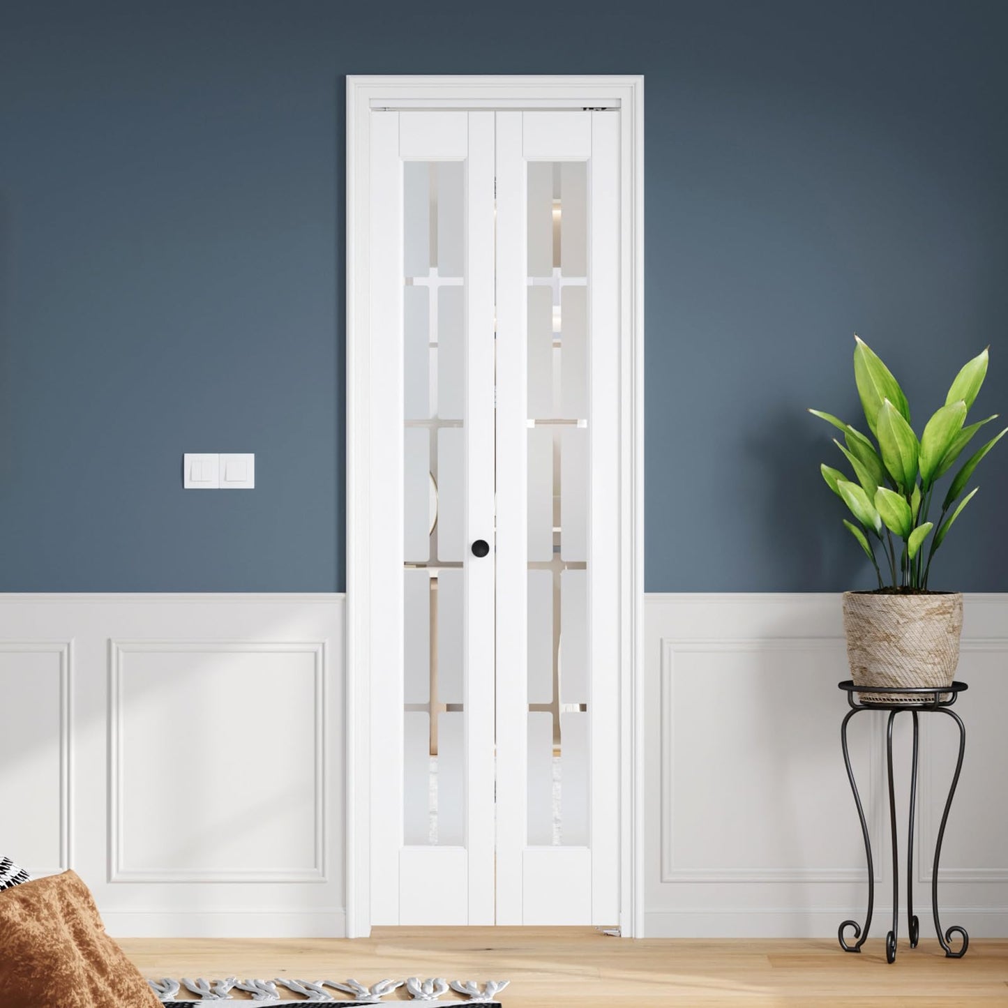 Roymelo White Bifold Doors for 24"×80" Opening, Tempered Frosted Glass Cross Transparent Folding Barn Door with Concealed Hardware Kit Included, LVL Wood Panel Covered with PVC Surface