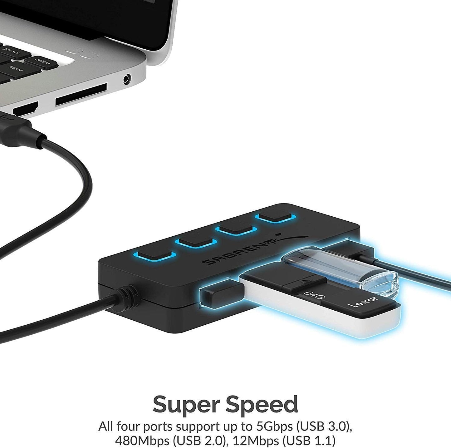 SABRENT 4 3.0 5V/2.5A (HB-UMP3) Port USB Hub with Individual LED Lit Power Switches, Includes Power Adapter