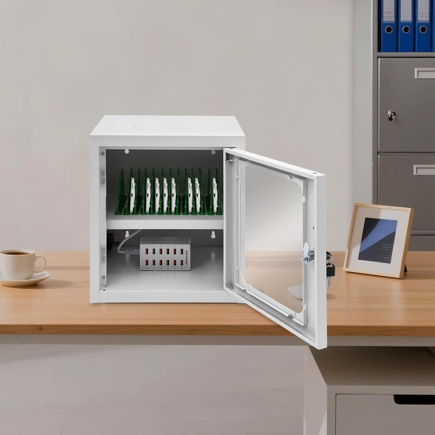 QUEWATSA Cell Phone Charging Station, 12-Device Rechargeable Mobile Phones Charging Cabinet, Locking and Charging Phone Storage Box, Mobile Charging Cart, Lockable Device Charging Locker