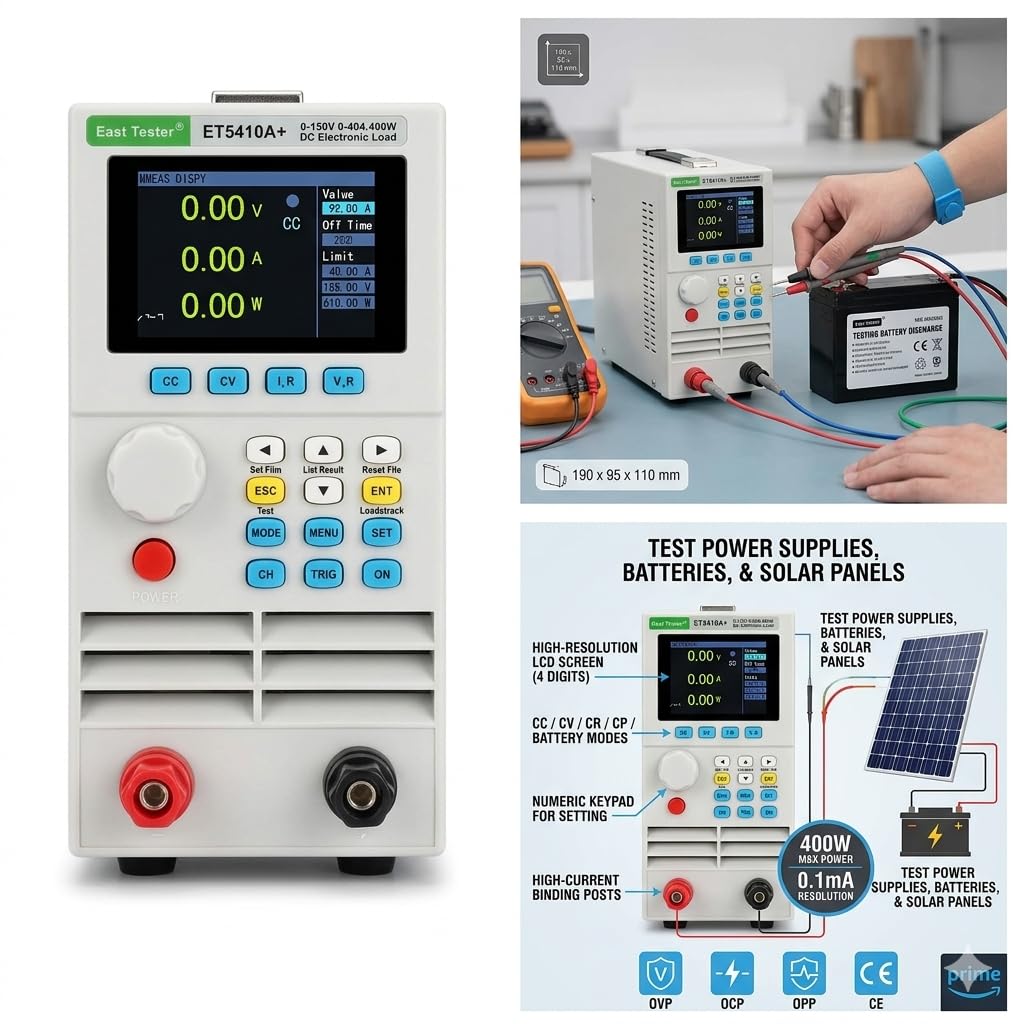 ET5410A+ Programmable DC Electronic Load Tester 400W, 0-150V/0-40A for Battery Capacity Discharge Test with USB Interface & LED Testing, Over-Voltage/Current Protection, LCD Display (Gray)