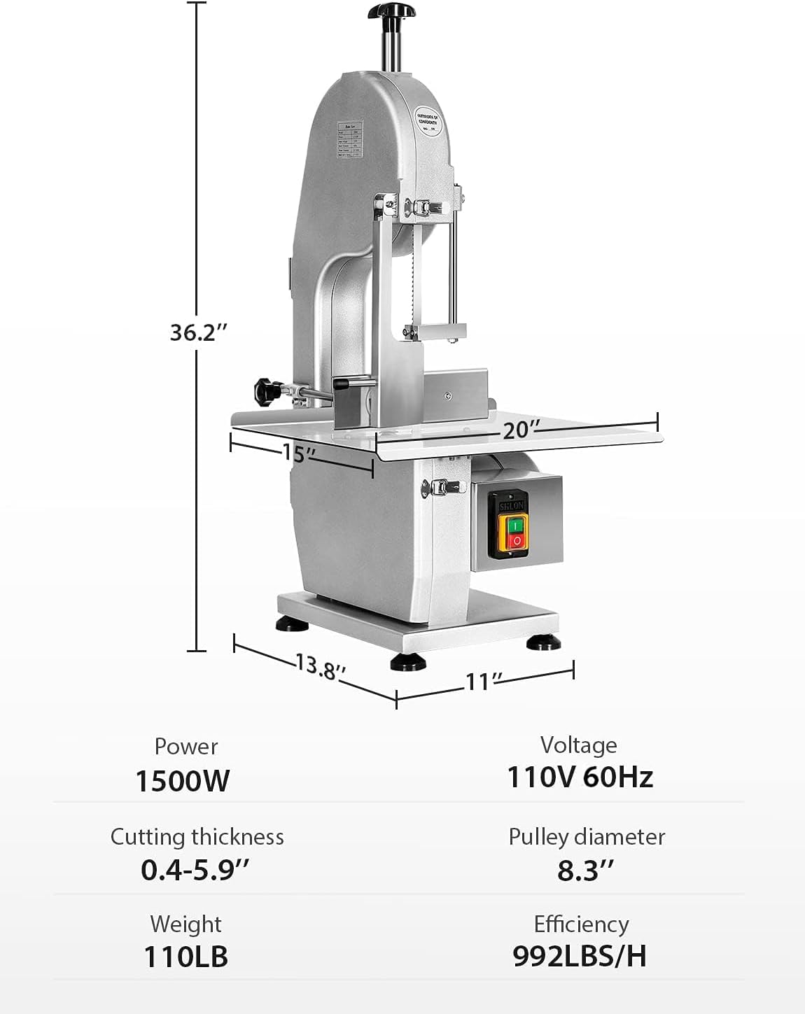 1500W Electric Bone Saw Machine, 0.8-5.9 Inch Cutting Thickness,2.6HP Frozen Meat Cutter 110V Commercial Bandsaw Machine, 20x15in Table Sawing for Chicken Fish Trotter Beef, Equipped with 6 Saw Blades