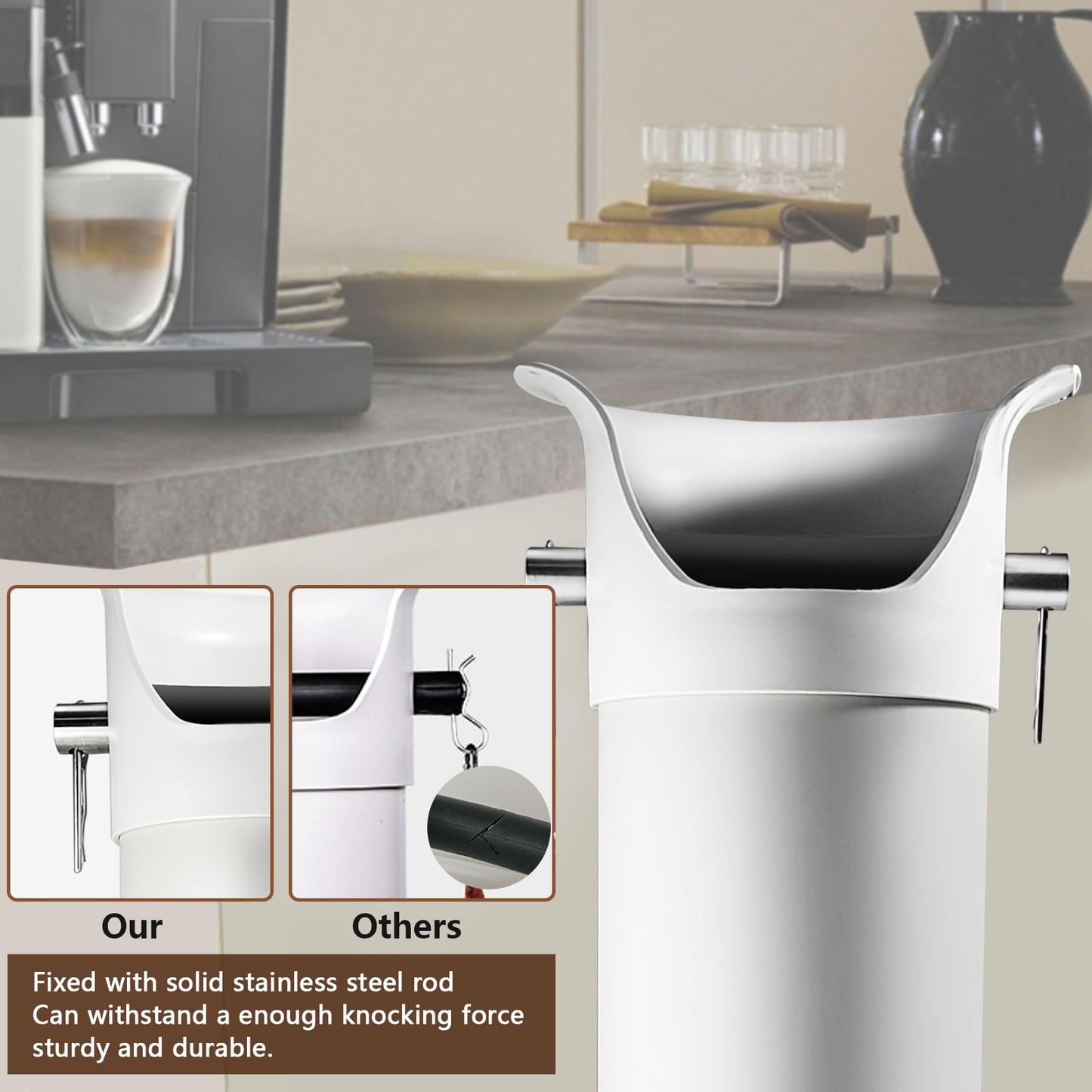 Gliery Knock Box for Espresso Grounds, Commercial Floor Standing Barista Style Absorbent Knockbox with Removable Non-Slip Base, Coffee Grind Collection Dump Bin,White