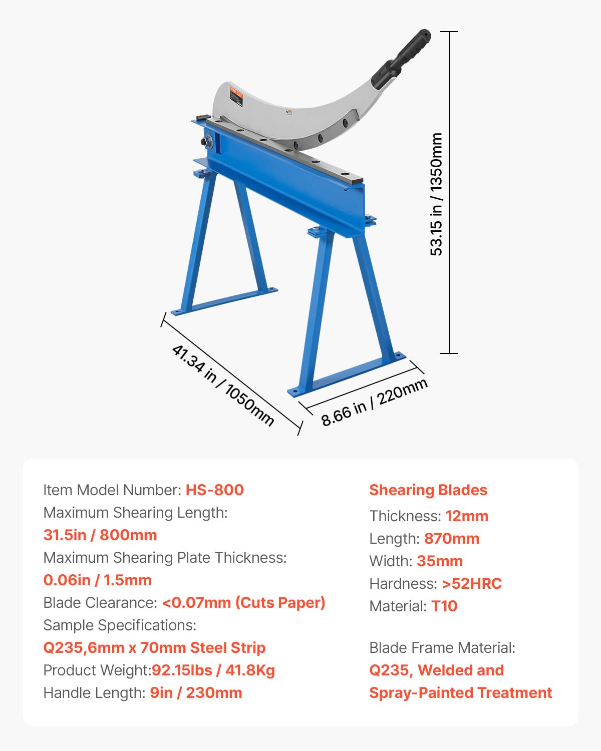 VEVOR Hand Plate Shear, 31.5 in Max Cutting Length, Manual Sheet Metal Shear Machine, Benchtop Cutter with T10 High-Hardness Blades, Q235 Material, for Cutting Large Metal Sheets Steel Aluminum Copper