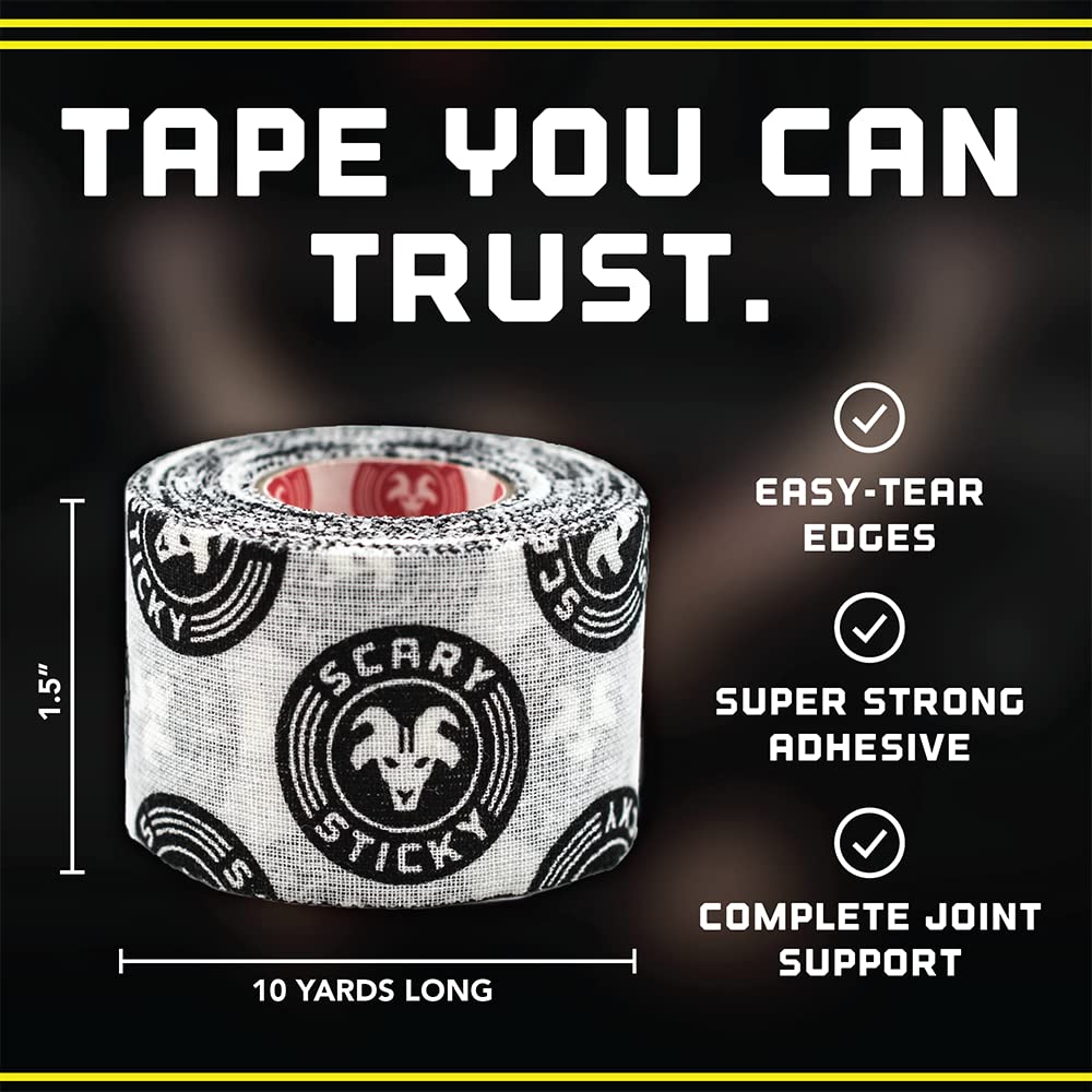 Scary Sticky Premium Athletic Tape, Ultra-Sticky Thumb, Finger & Wrist Tape for Weightlifting, Hook Grip & Cross Workout, Cotton, Latex-Free, 10 Yards, Black & Yellow, 1 Roll