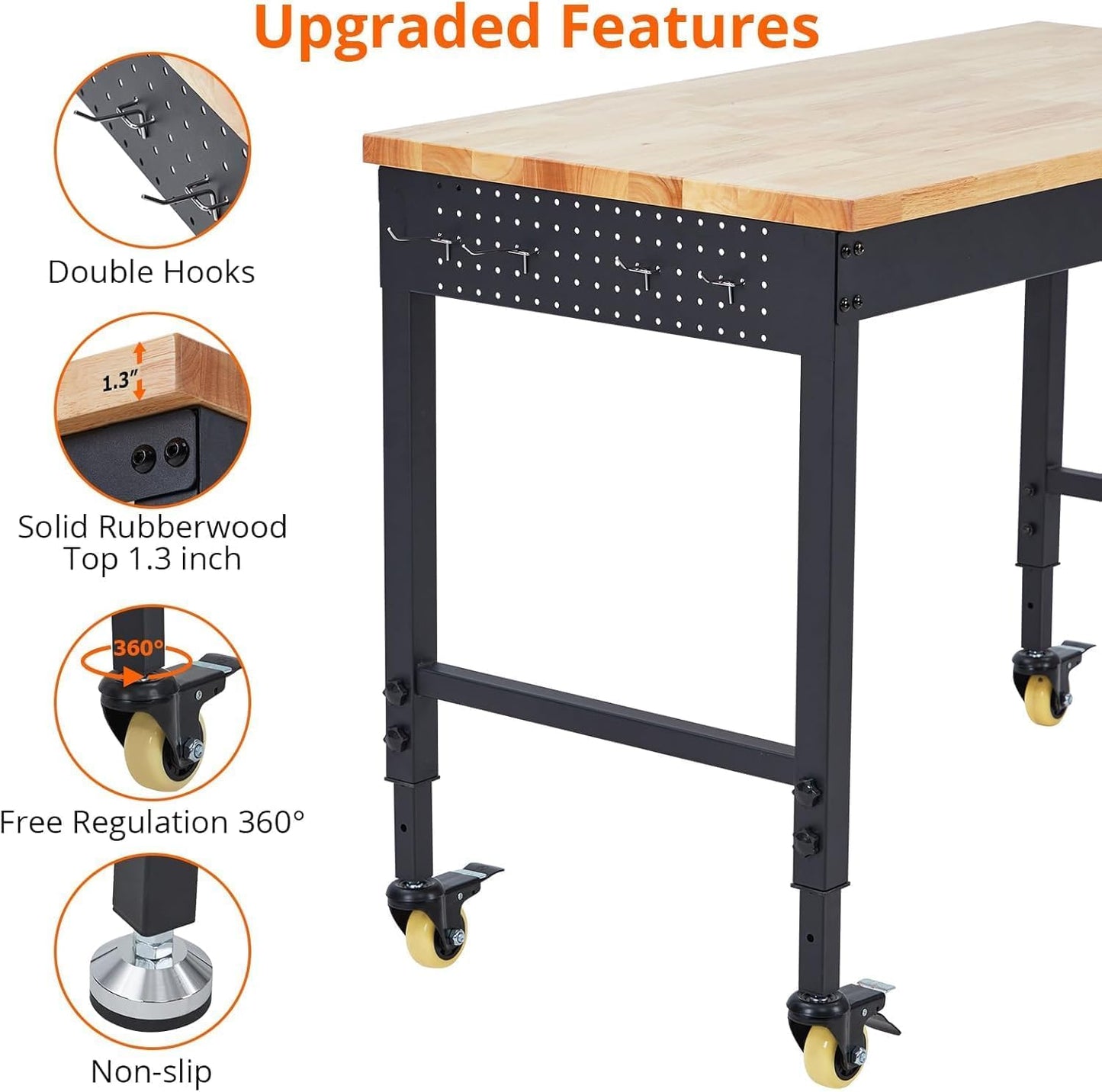 60" Adjustable Garage Workbench with Wheels, 2000LB Capacity, Hardwood Top, Power Outlets, Heavy Duty Work Table for Workshop, Home Office, Tools