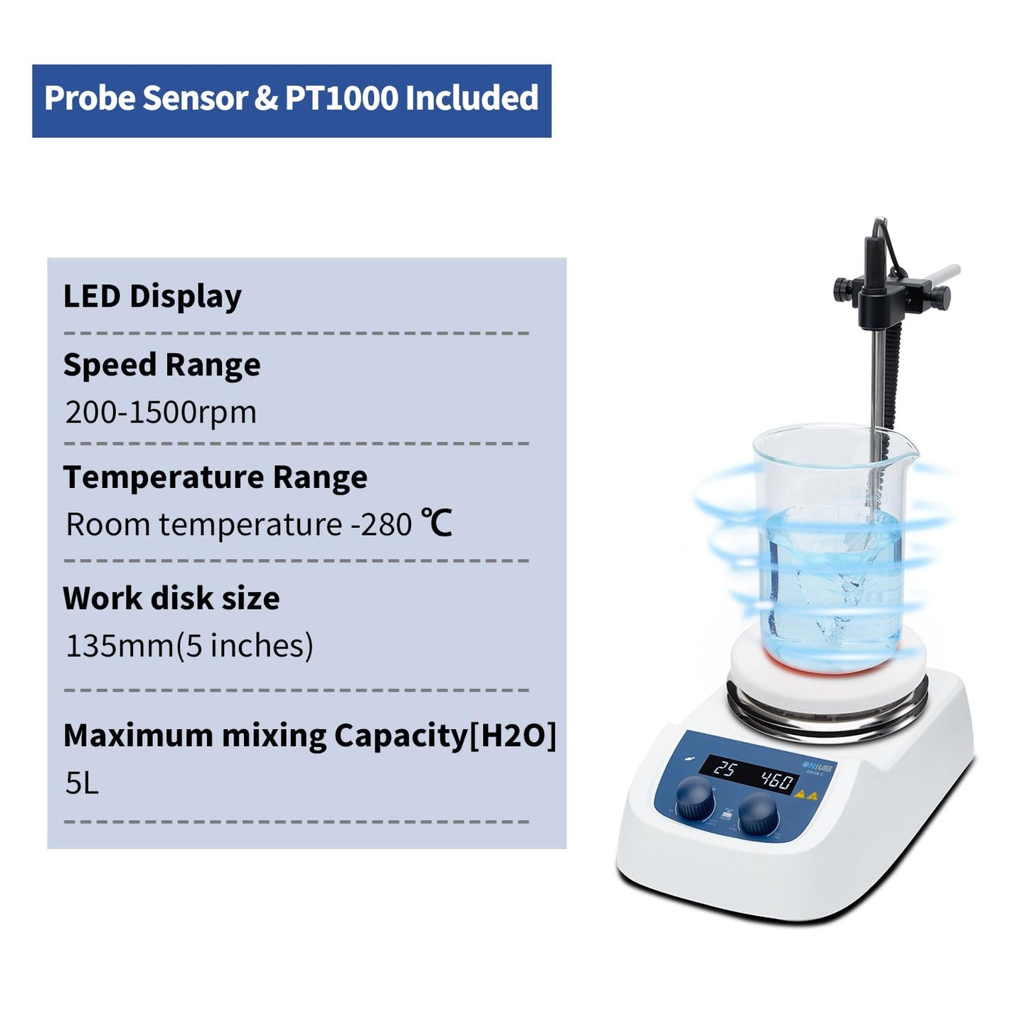 ONiLAB 280℃ 5 inch LED Digital Hotplate Magnetic Stirrer with Ceramic Coated Stainless Steel Work Plate, 200-1500rpm,110V,Temp Probe Sensor & Support Stand & Stirring Bar Included…