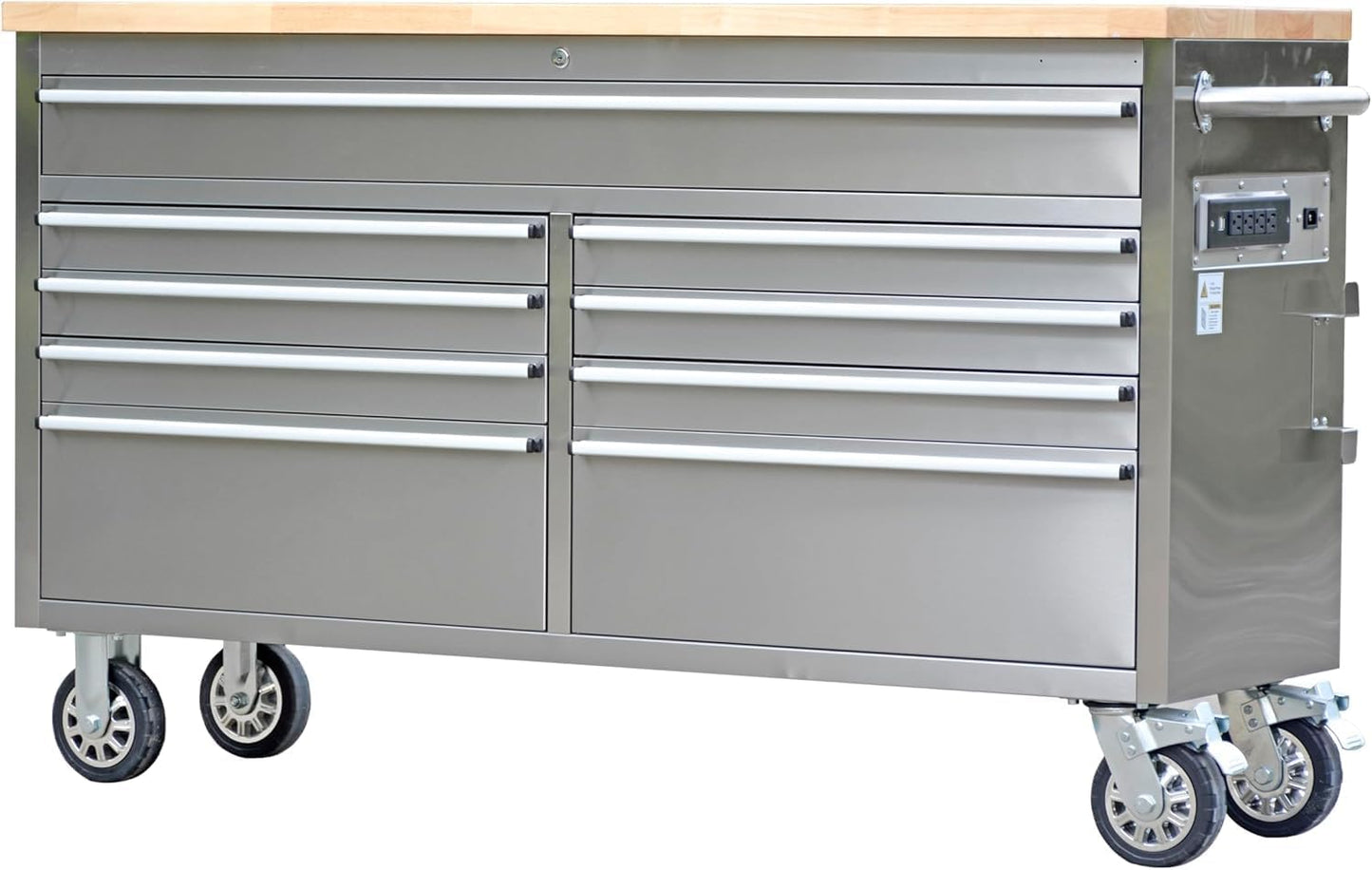 61-Inch Heavy-Duty Rolling Tool Chest & Mobile Workbench with 9 Drawers, Steel Storage Cabinet, Rubber Wood Tabletop, Key Locking System and Drawer Liners for Garage, Workshop, Repair Shop, Silver