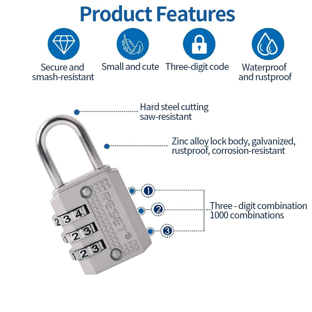 RESET-071 Mini Combination Lock, Small 3 Digit Padlock for Gym Locker, Travel Luggage Lock, Resettable No Key Lock for Backpack, Zipper, Suitcase, Sliver, 2 Pack