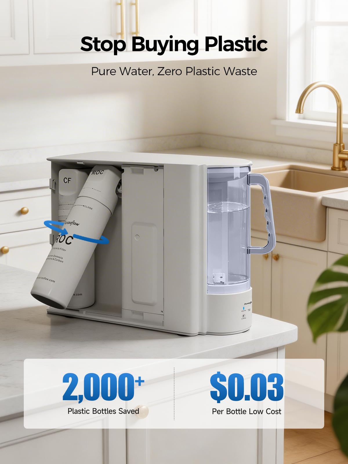Purcooflow Countertop Reverse Osmosis Water Filtration System, Compact Auto-Fill Dispenser for Home, 4-in-2 RO & CTO Water Purifier, 3.5:1 Pure to Drain Ratio, No Plumbing Required