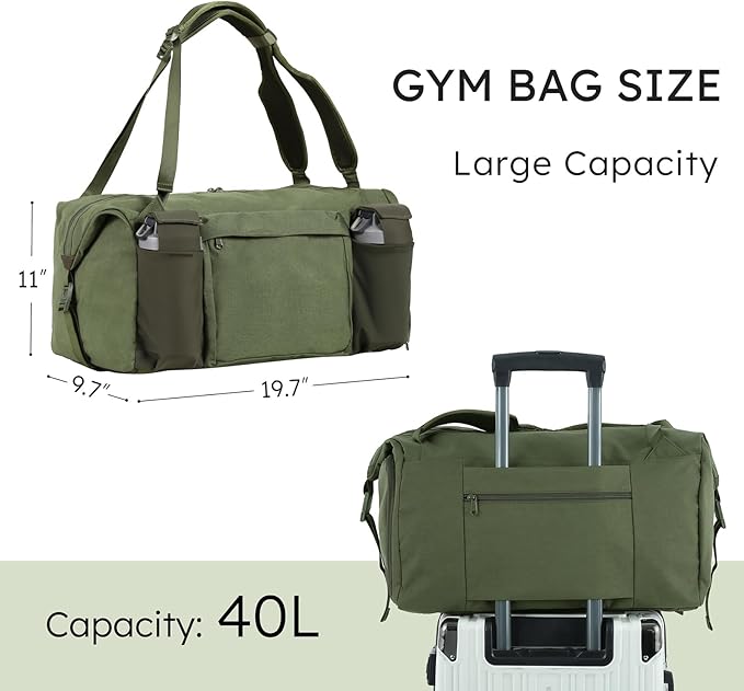 Gym Bag for Men with 2 Upgraded Bottle Holders Convertible Duffle Bag and Gym Backpack Waterproof Sports Bags with Shoes Compartment and Wet Pocket - Dark Green
