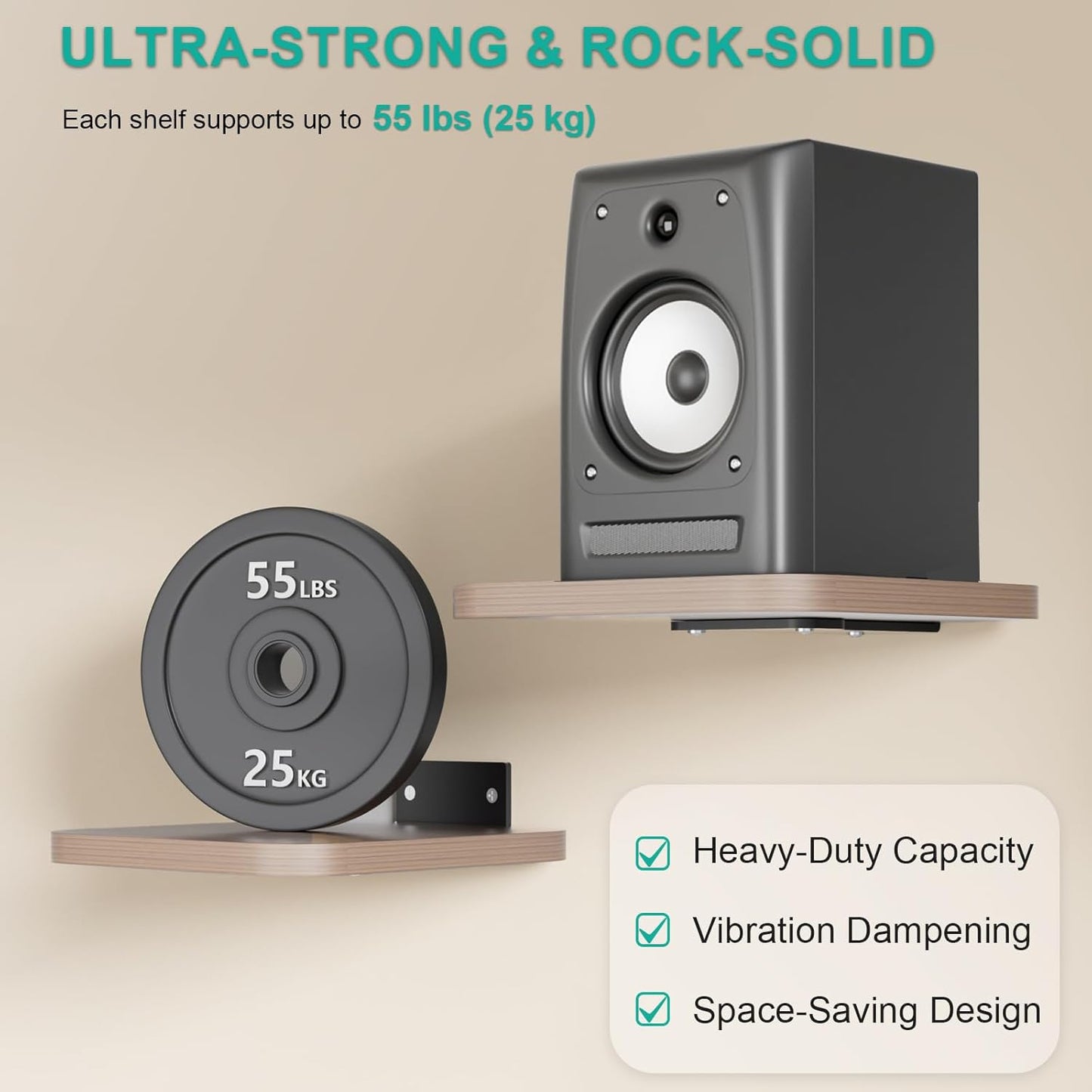 WALI 55 Lbs, (SWM302), 1 Speaker Wall Mount, Heavy Duty Bookshelf Speaker Floating Wall Shelves, Surround Sound