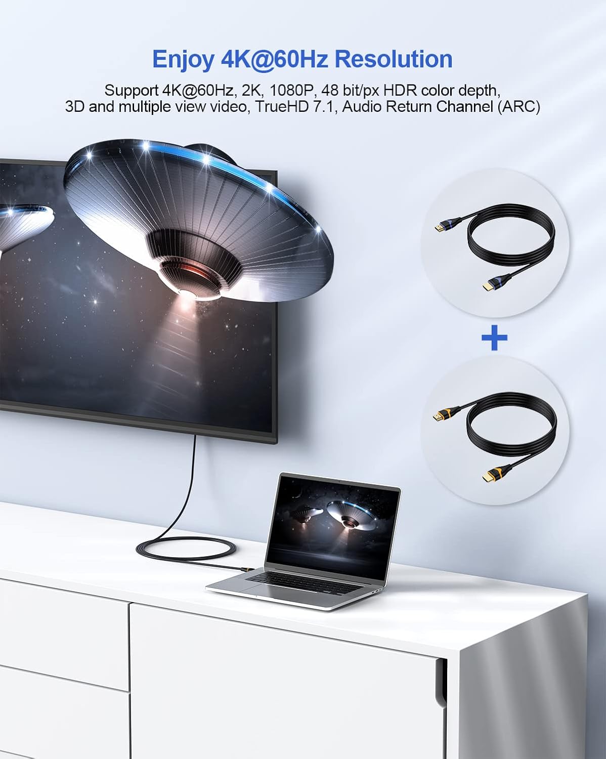 4K 6.6FT 2-Pack, 2.0 4K@60Hz, 2K@144Hz, 3D, Dolby, 2.2, PS5, PS4, HDMI Cable HDMI to HDMI Cable High Speed HDMI Cord
