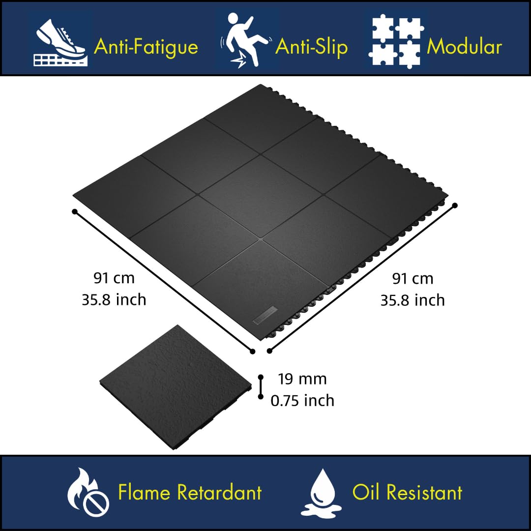 NoTrax Fire Retardant Anti Fatigue Mat Interlocking Floor Tiles - Black 3'x3' Modular Standing Pad Puzzle Mats Designed for Custom Stress Mats for Standing at Work - 1 Tile - Rubber - 656SFR33BL