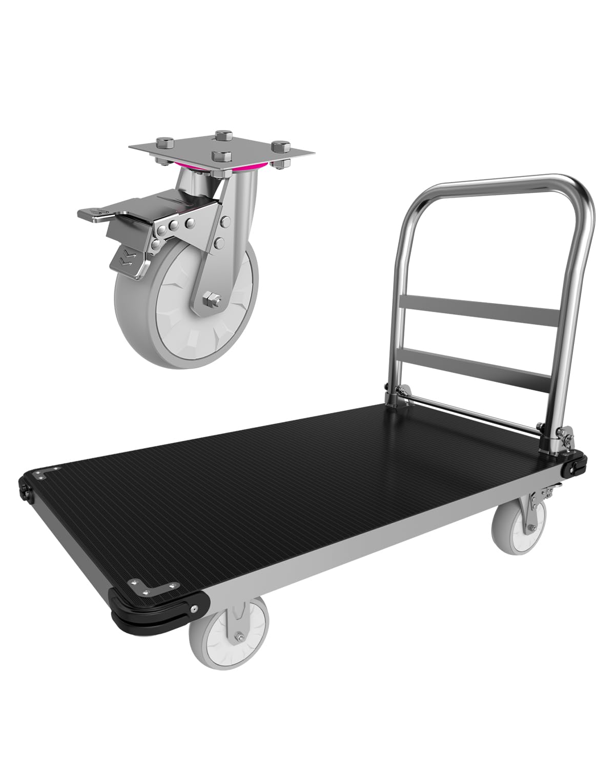 PHEXOD 2500 LBS Heavy Duty Platform Truck Cart 48" x 24", Extra Long Folding Flatbed Push Cart Dolly with Non-Slip Rubber Mat and 6" TPR Wheels for Warehouse Garage Moving Industrial Use
