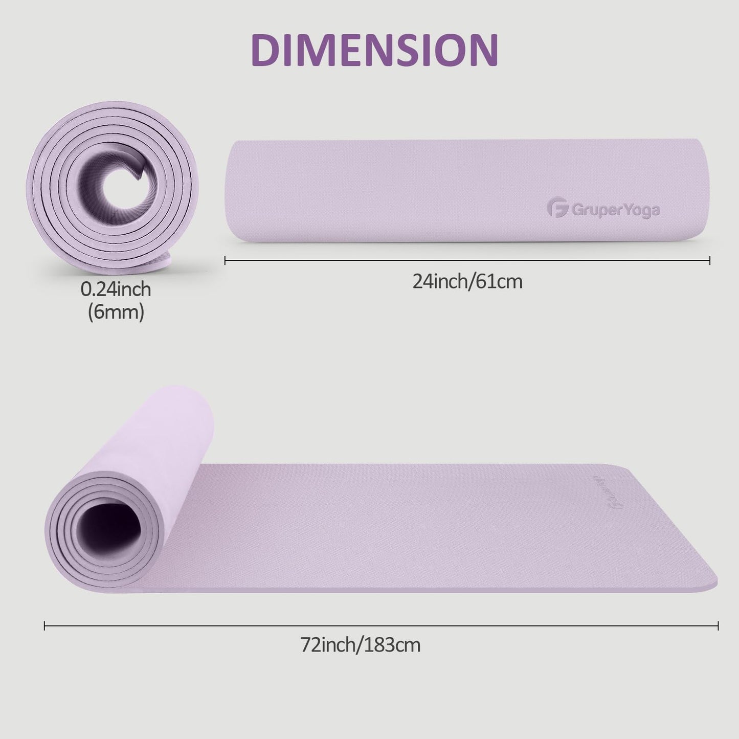 Gruper Yoga Mat Non Slip, 72"L x 24"W x 0.24"/0.32"TH, Anti-Tear Exercise Mat with Carrying Strap and Bag, Pro TPE Yoga Mats for Women, Workout Mats for Home, Pilates and Floor Exercises