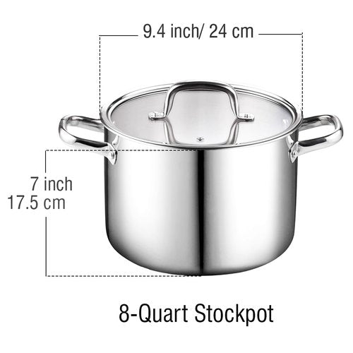 Cook N Home Stainless Steel Stockpot 8 Quart, Tri-Ply Clad Soup Pot with Glass Lid, Induction Compatible, Heavy Duty Canning Pot, Dishwasher Oven Safe, Silver