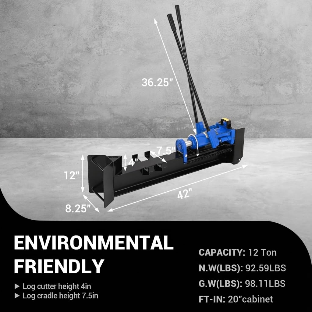 Garvee 12 Ton Hydraulic Log Splitter, Manual Wood Splitter with 2-Speed Operation & Built-in Wheels, Hand Powered Log Cutter for Firewood with Full Steel Construction, Max 18.7" Log