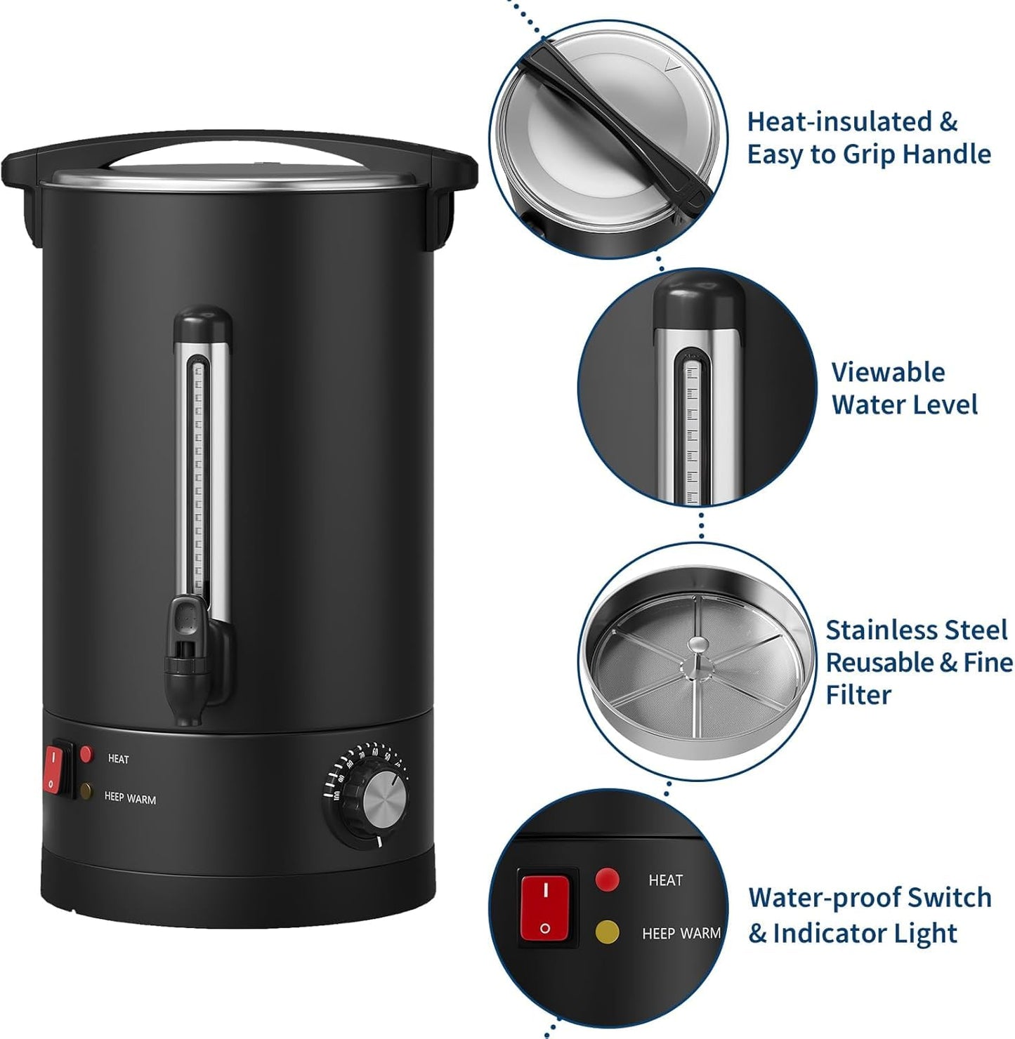 PeacefulHues 120 Cup Commercial Coffee Urn - 18L/4.8Gal Stainless Steel Electric Coffee Maker With Double Wall Insulation, Hot Beverage & Water Dispenser for Weddings, Parties, Catering, Buffets