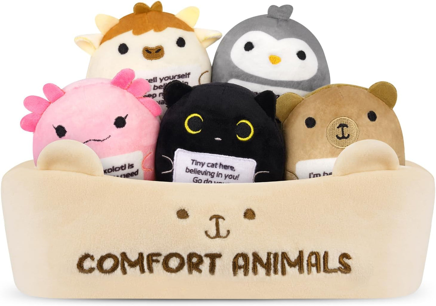 Skiennix Emotional Support Plush Animal Set - 6 Cute Stuffed Toys with Positive Messages | Soft Plushies in Basket