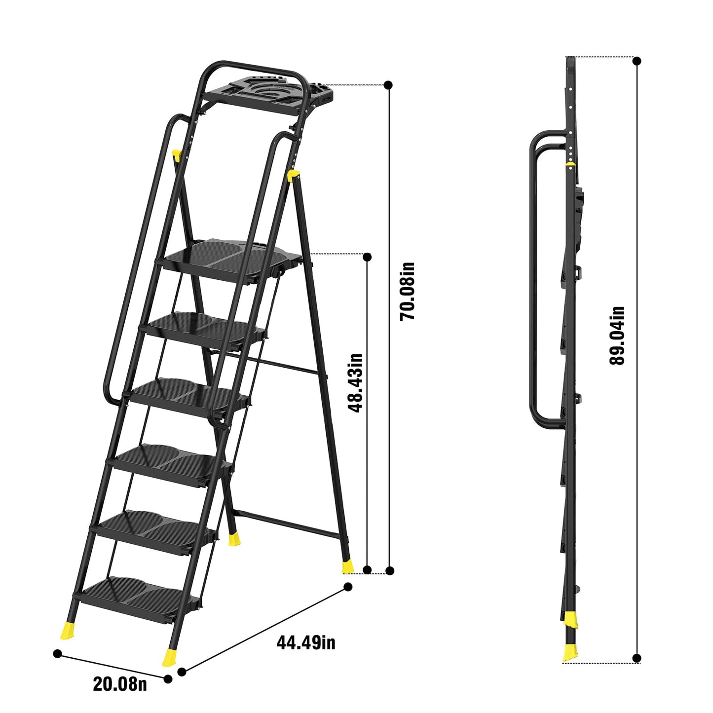 6 Step Foldable Step Ladder Stool with Roomy Tool Tray and Secure Handrail, Foldable Platform Ladder 6 Step Folding Stepstools with Wide Pedals and 800lbs Weight Capacity for Adults, Home, Kitchen