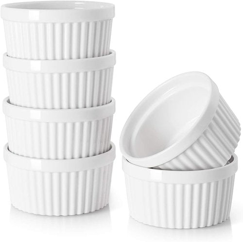 DOWAN Ramekins - 4 oz Oven Safe Porcelain Custard Cups for Baking | Set of 6 Soft White Bowls