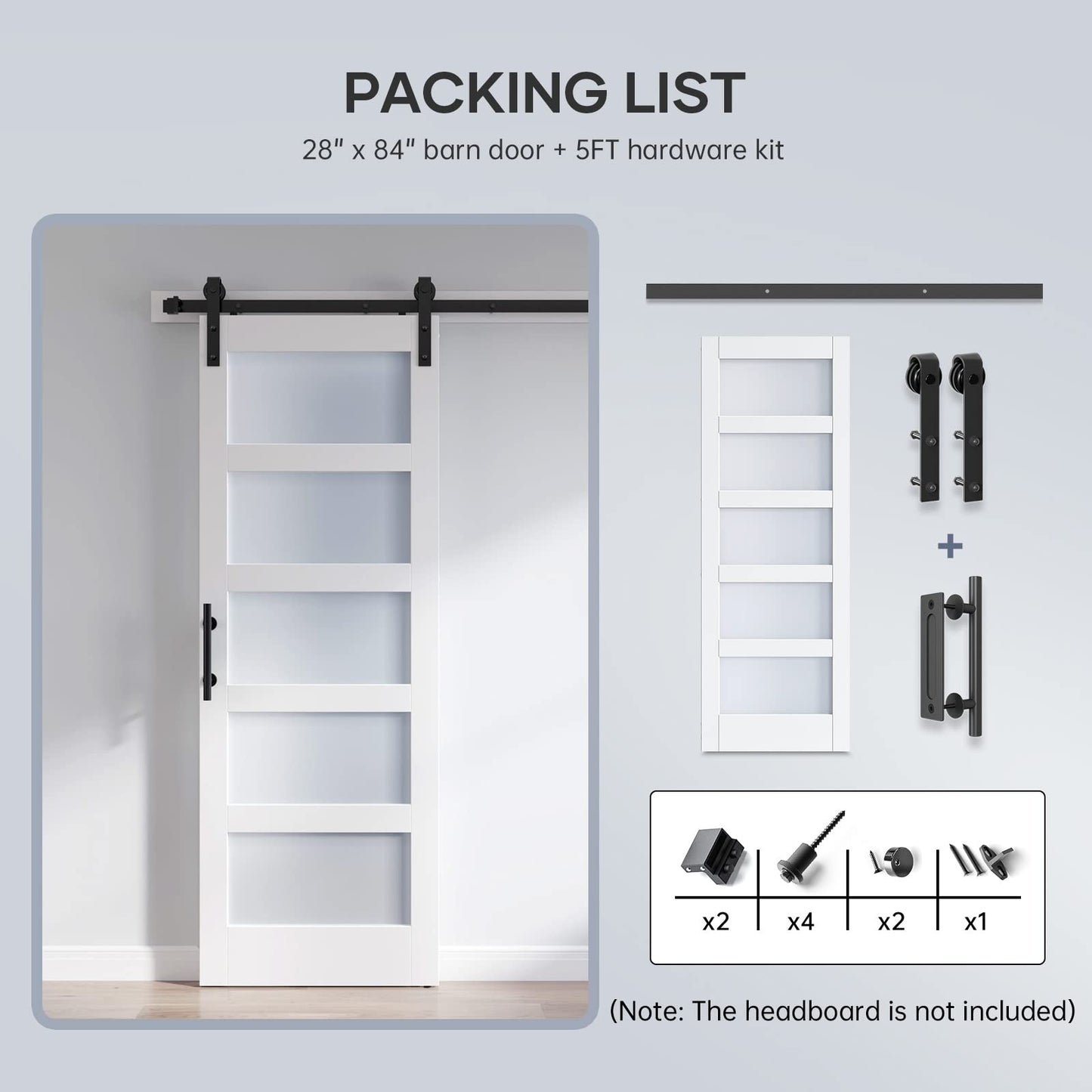 ROYMELO 28x84 Inch Glass Sliding Barn Door Slab and 5ft Hardware Kit Included, 5 Frosted Glass, LVL Wood Panel Covered with White Water-Proof Scratch-Proof PVC Surface, Simple DIY Assembly