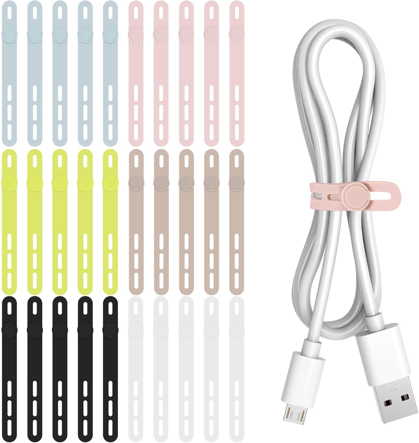 Donruby 30Pcs (6 Silicone Cable Ties - Reusable & Washable with Adjustable Locking Buckles, High Elasticity Cable