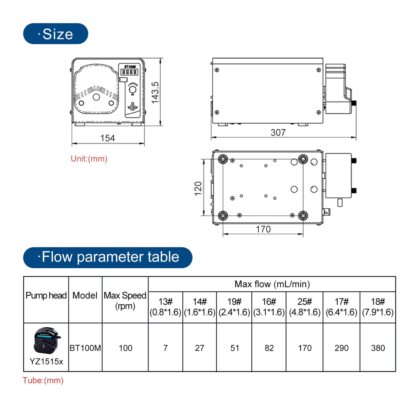 CHONRY BT100M/YZ1515x Peristaltic Pump 0.007-380ml/min High Flow Rate Digital Liquid Transfer Pump 4 Digit Ｄisplay RS485 with Peristaltic Tubing 110V-220V（110V)