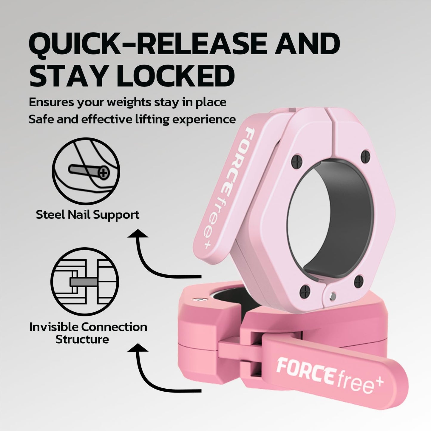Forcefree+ Barbell Clips (Pair), Barbell Clamps, Quick Release Olympic Barbell Clamps with Anti Slip TPR Grip, Barbell Collars for Secure Weightlifting & Powerlifting (Non Magnetic, Pink)