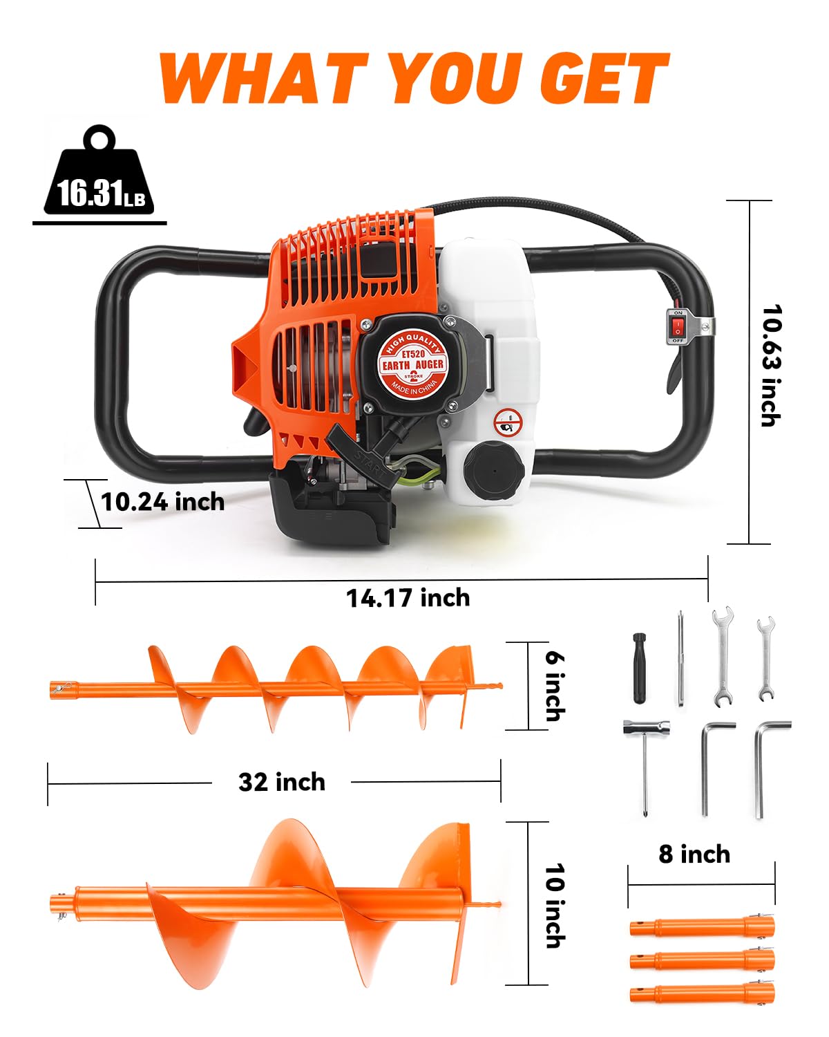 NEO-TEC 63CC Post Hole Digger Auger Drill Gas Powered 2-Stroke & 6" 10" Drill Bits + 3 Extension Bar, Earth Auger Petrol Drill Borer for Garden Lawn for Planting