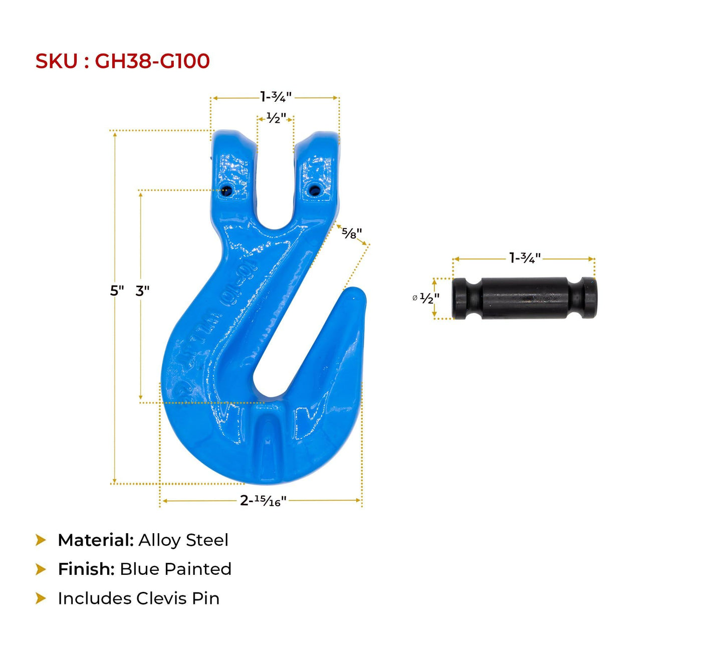 Mytee Products 2 Pack 3/8" Grade 100 Cradle Clevis Grab Hook for Lifting - 8,800 LBS WLL Heavy Duty Tow Chain Hook for Trailer/Truck Transport