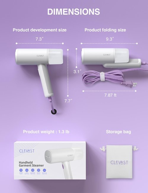 CLEVAST Steamer for Clothes - Portable Garment Steamer for Clothing, Handheld and Foldable Travel Size Wrinkle Remover, 30-Second Fast Heat Up, Powerful Steam Output, 120V Only