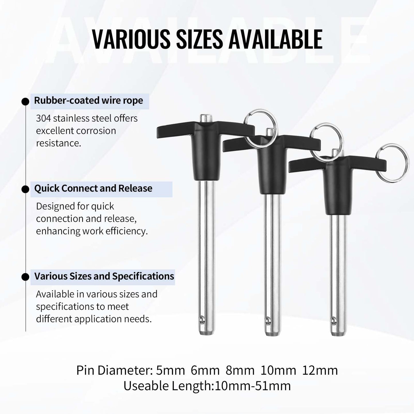 VXCICC 2 Pack T Handle Quick Release Pin 0.24 Inch Diameter,304 Stainless Steel Ball Locking Pin with Push Button Lanyard Usable Length 2.76"(6mm x 70mm)