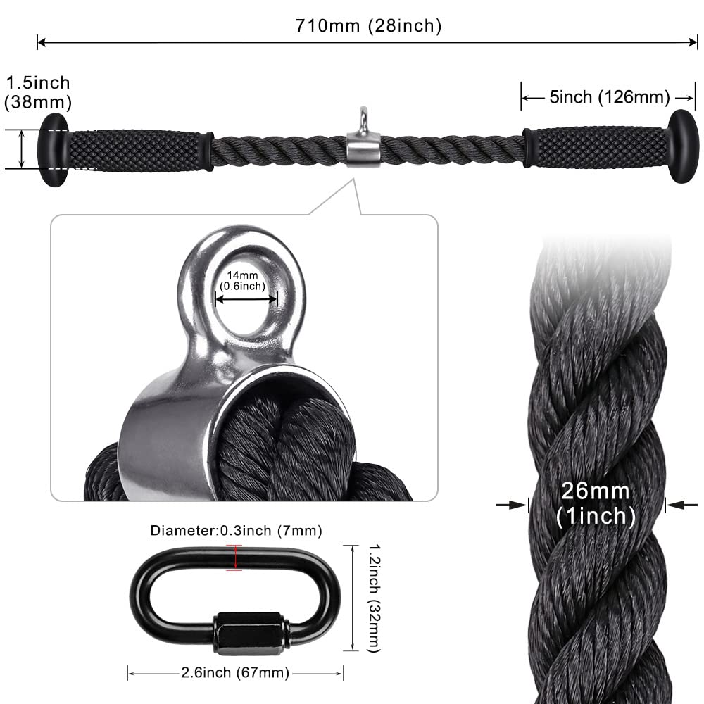 Kipika Tricep Rope 28 Inch, Rope Pull Down Attachment for Cable Machine, Heavy Duty Nylon Rope with Comfortable Soft Handle