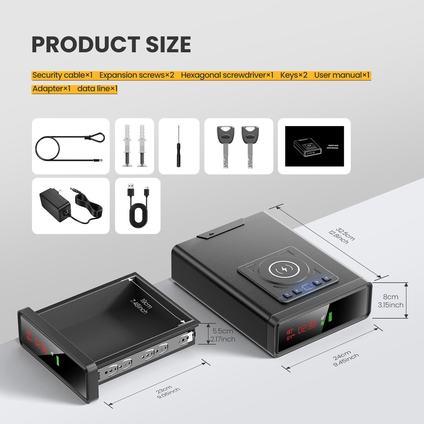 Biometric Smart Safe with Wireless Charging for Phone and Watch, Quick Access with Backlit Keypad,Auto Open Drawer Gun Lock Box with Humidity,Temperature, Digital Clock,LED Screen 1PCS