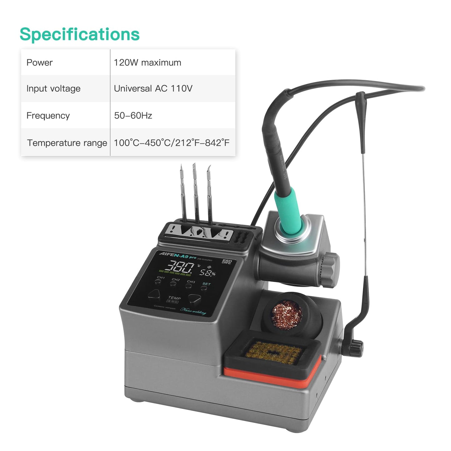 A9PRO Soldering Station 120W Handle Control Temperature 212°F-842°F Solder Station Soldering Iron with C210 Handle and 3 Soldering Tips