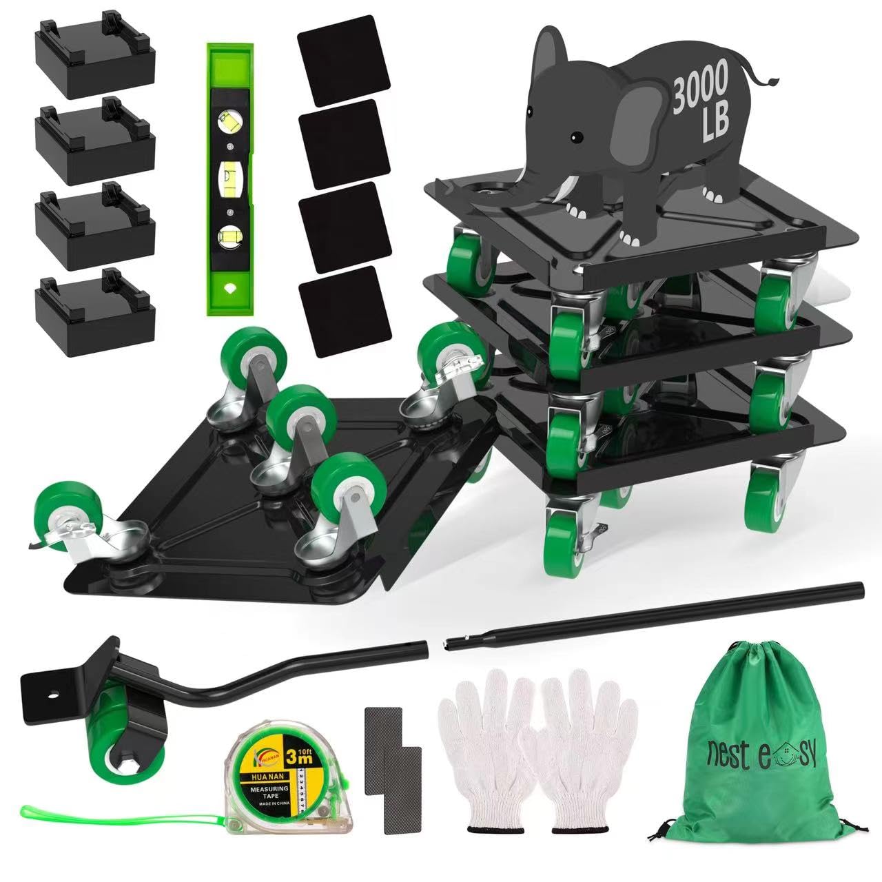 NEST EASY Heavy Duty Furniture Dolly 360° Rotating 5 Wheels, Alloy Steel Furniture Movers Up to 3000 lbs/1360 Kg Load Capacity with Measure Tape and Leveler (5.3x5.3 in)
