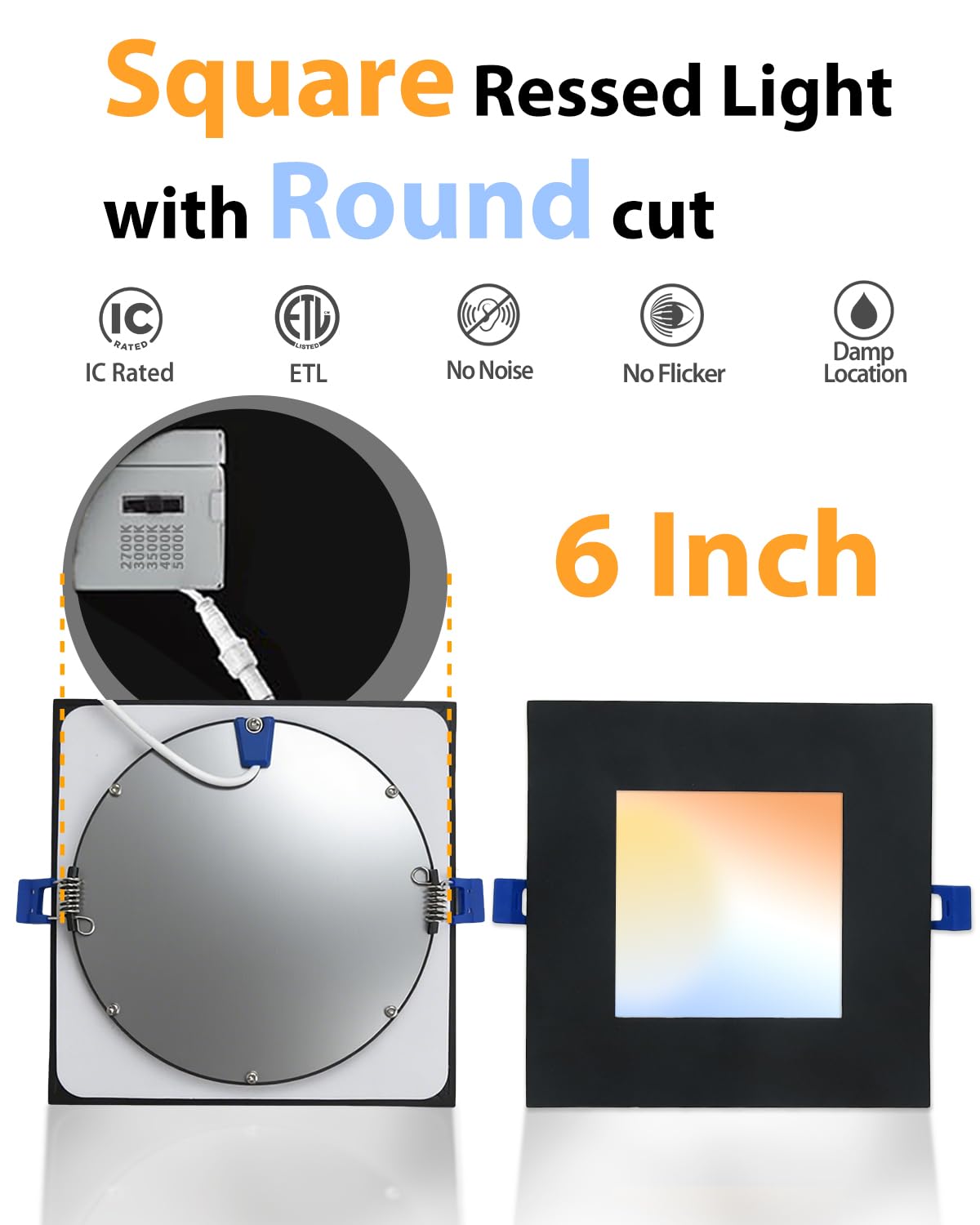 Adetu 12 Pack 6 inch Square Led Recessed Lighting,5CCT Ultra Thin Square Led Ceiling Light with Junction Box,14W 1190LM, CRI90, 2700K-5000K Selectable, Dimmable Canless Downlight, ETL and Energy Star