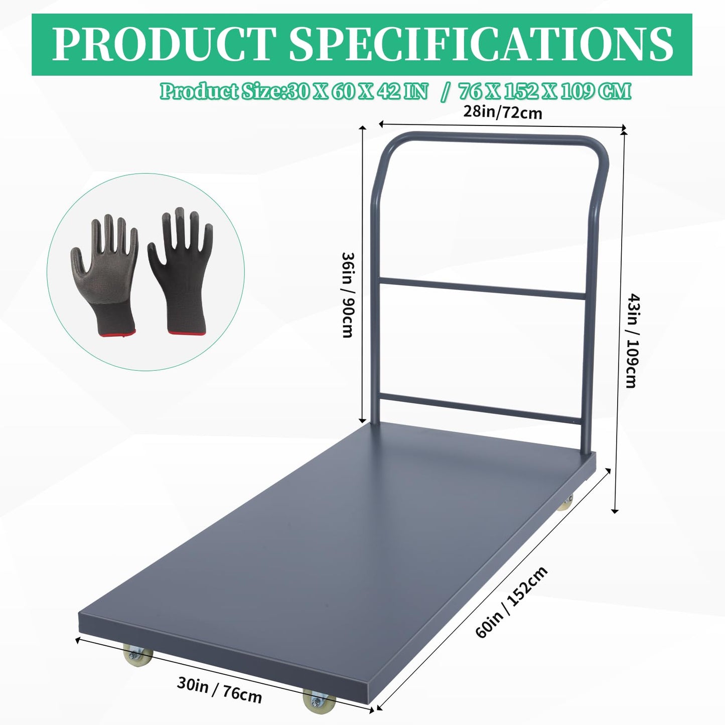 Heavy Duty Flatbed Cart 60"x30" Platform Truck, 2000 lbs Capacity Steel Hand Truck with 4 Swivel Wheels, Industrial Utility Push Cart for Warehouse, Garage, and Moving Supplies