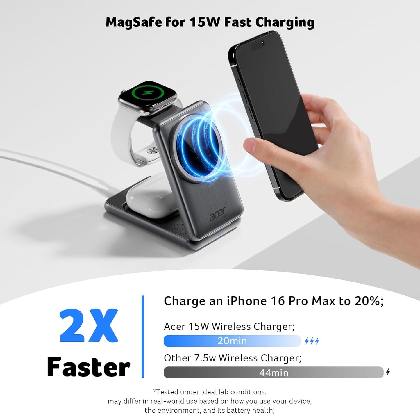 Acer 3 1 S3 in Charging Station for Apple Device, Magnetic Wireless Foldable Fast Charger Stand Compatible with MagSafe